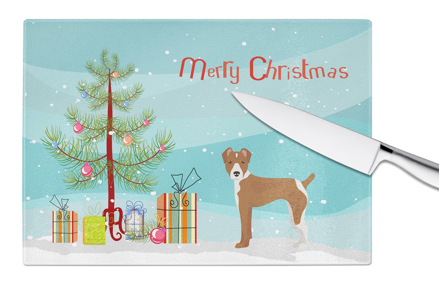 Rat Terrier Christmas Tree Cutting Board Tempered Glass Kitchen Cutting Surface, Heat Resistant Chopping, Non-Slip Feet, Food Prep & Serving