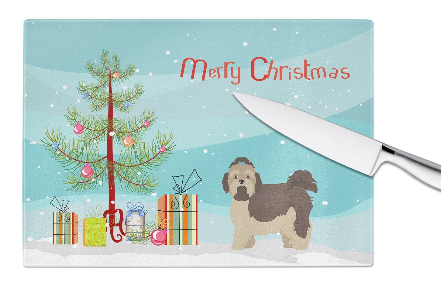 Russian Tsvetnaya Bolonka Lap Dog  Christmas Tree Cutting Board Tempered Glass Kitchen Cutting Surface, Heat Resistant Chopping, Non-Slip Feet, Food Prep & Serving