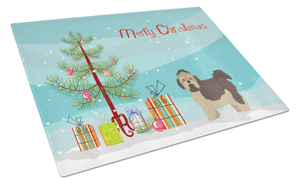 Russian Tsvetnaya Bolonka Lap Dog  Christmas Tree Cutting Board Tempered Glass Kitchen Cutting Surface, Heat Resistant Chopping, Non-Slip Feet, Food Prep & Serving