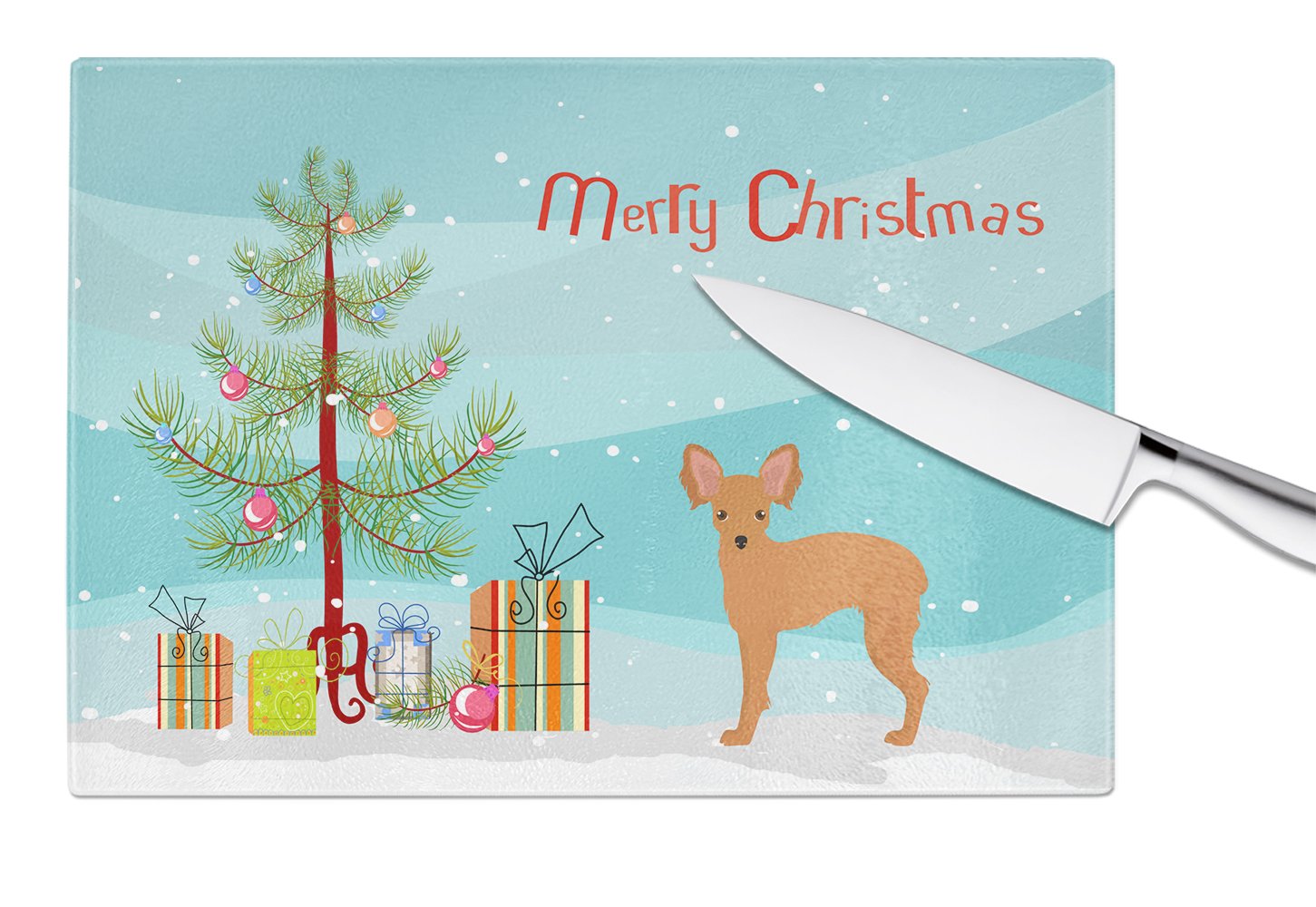 Russkiy Toy or Russian Toy Terrier Christmas Tree Cutting Board Tempered Glass Kitchen Cutting Surface, Heat Resistant Chopping, Non-Slip Feet, Food Prep & Serving