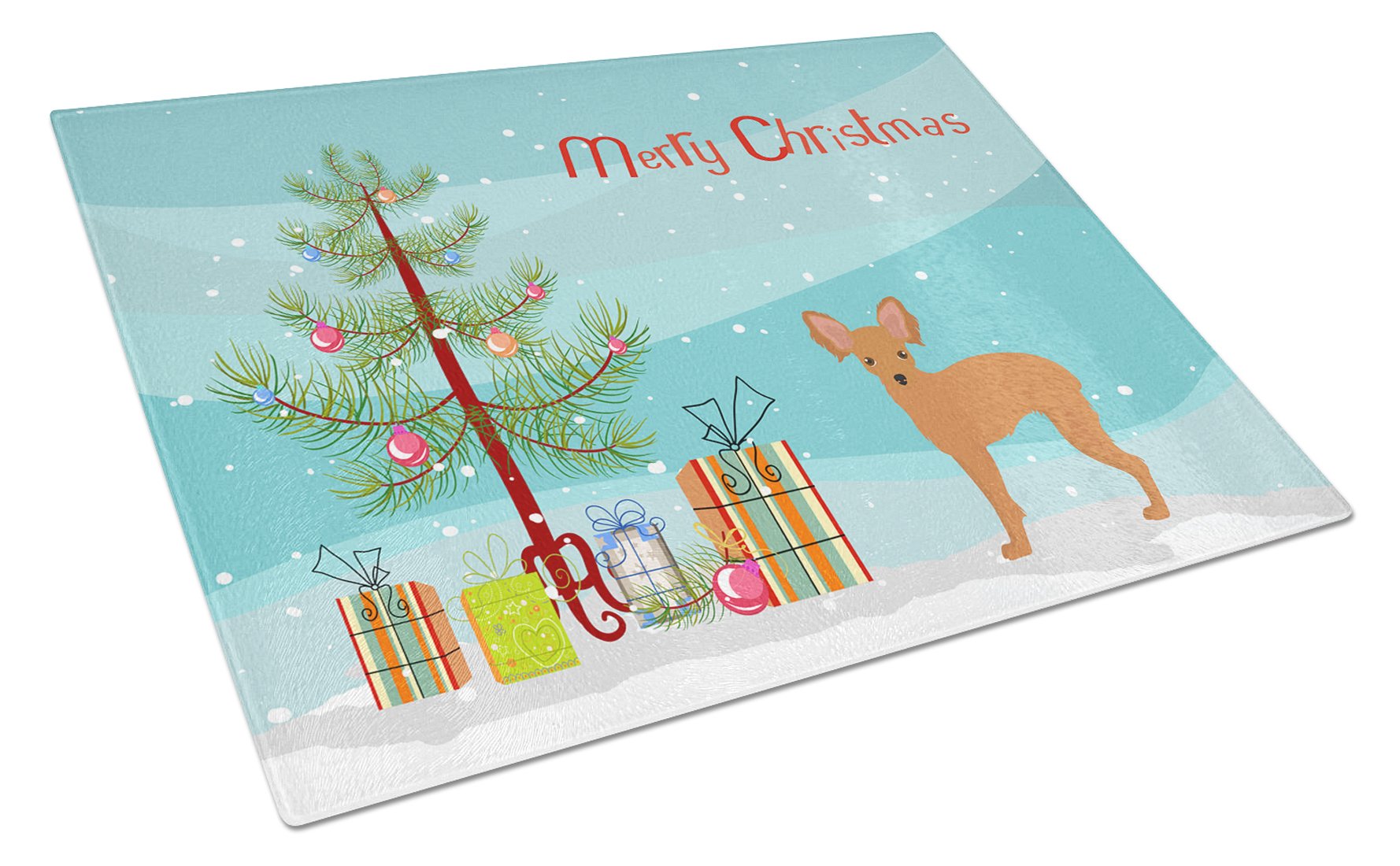 Russkiy Toy or Russian Toy Terrier Christmas Tree Cutting Board Tempered Glass Kitchen Cutting Surface, Heat Resistant Chopping, Non-Slip Feet, Food Prep & Serving