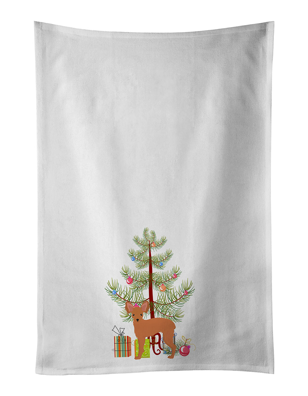 Russkiy Toy or Russian Toy Terrier Christmas Tree Kitchen Towel Set of 2 White Dish Towels Decorative Bathroom Hand towel for Hand, Face, Hair, Yoga, Tea, Dishcloth, 19 X 28", White