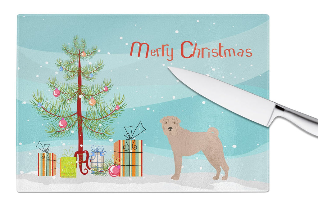 Shar Pei Christmas Tree Cutting Board Tempered Glass Kitchen Cutting Surface, Heat Resistant Chopping, Non-Slip Feet, Food Prep & Serving