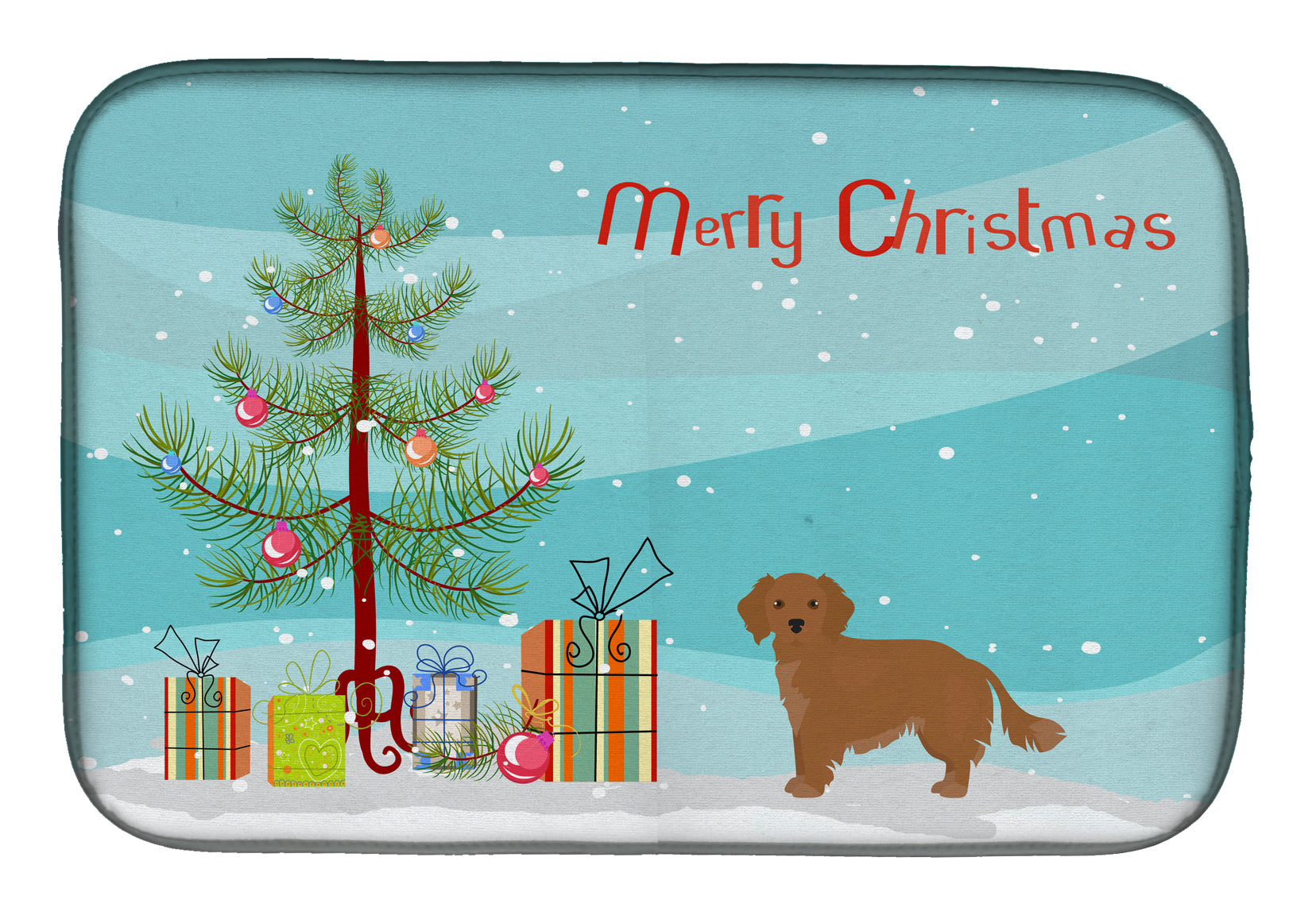 Small Greek Domestic Dog Kokoni Christmas Tree Dish Drying Mat Absorbent Dish Drying Mat Pad for Kitchen Counter Dish Drainer Mat for Countertop, 14 x 21", Multicolor