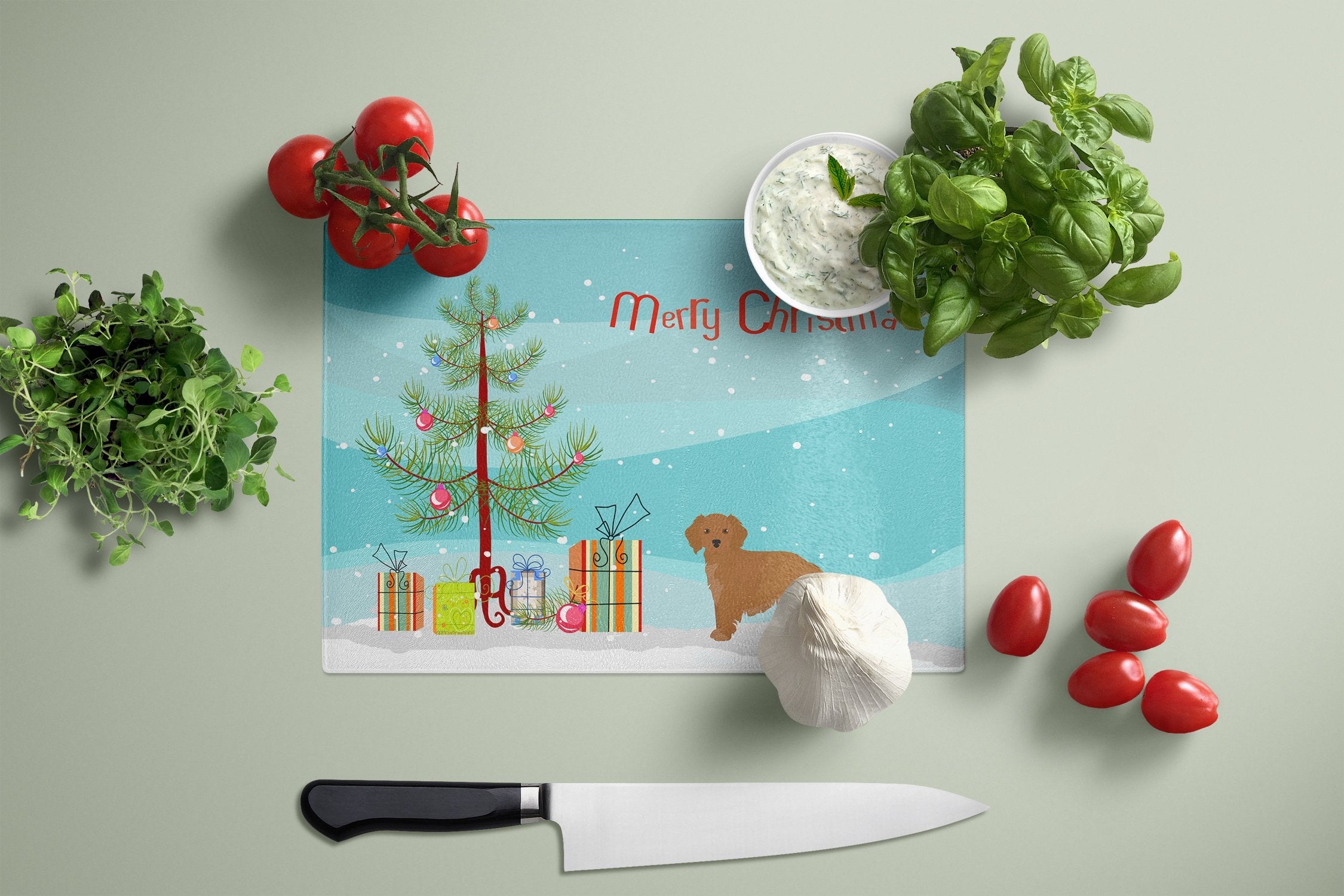 Small Greek Domestic Dog Kokoni Christmas Tree Cutting Board Tempered Glass Kitchen Cutting Surface, Heat Resistant Chopping, Non-Slip Feet, Food Prep & Serving