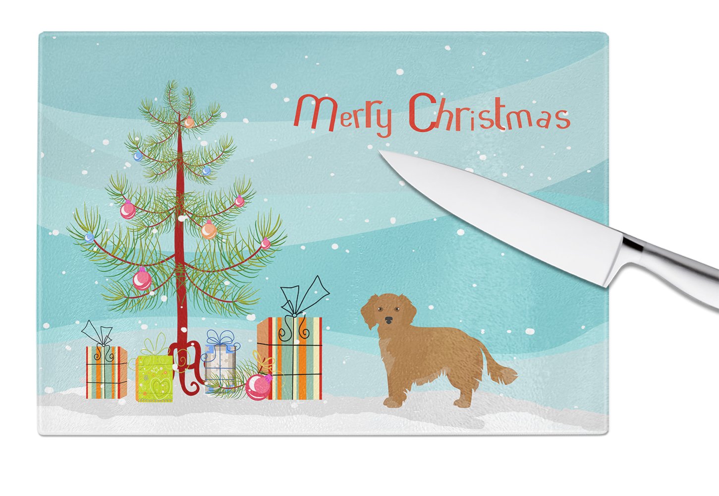 Small Greek Domestic Dog Kokoni Christmas Tree Cutting Board Tempered Glass Kitchen Cutting Surface, Heat Resistant Chopping, Non-Slip Feet, Food Prep & Serving