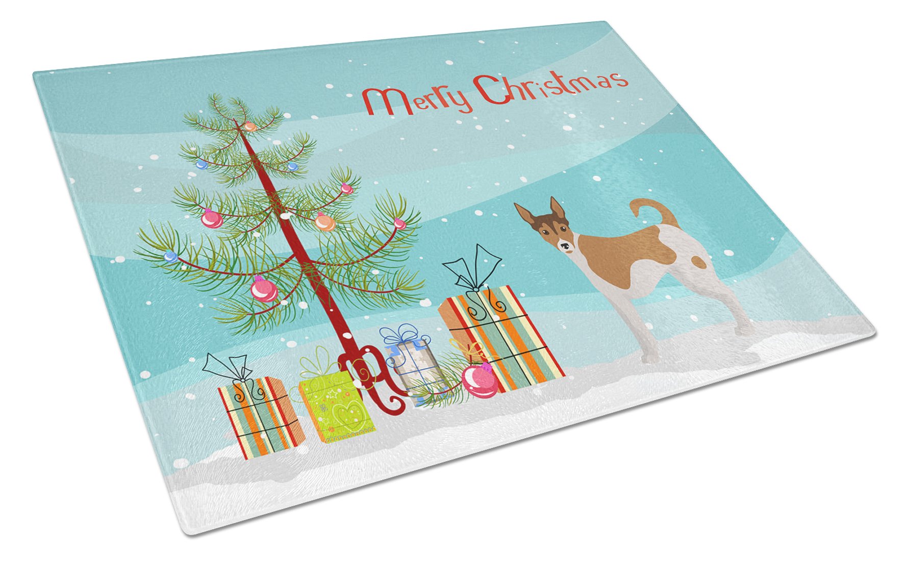 Tenterfield Terrier Christmas Tree Cutting Board Tempered Glass Kitchen Cutting Surface, Heat Resistant Chopping, Non-Slip Feet, Food Prep & Serving