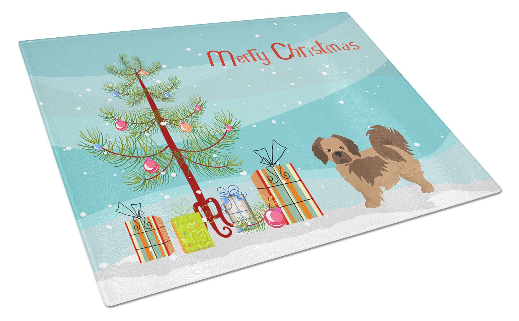 Tibetan Spaniel Christmas Tree Cutting Board Tempered Glass Kitchen Cutting Surface, Heat Resistant Chopping, Non-Slip Feet, Food Prep & Serving