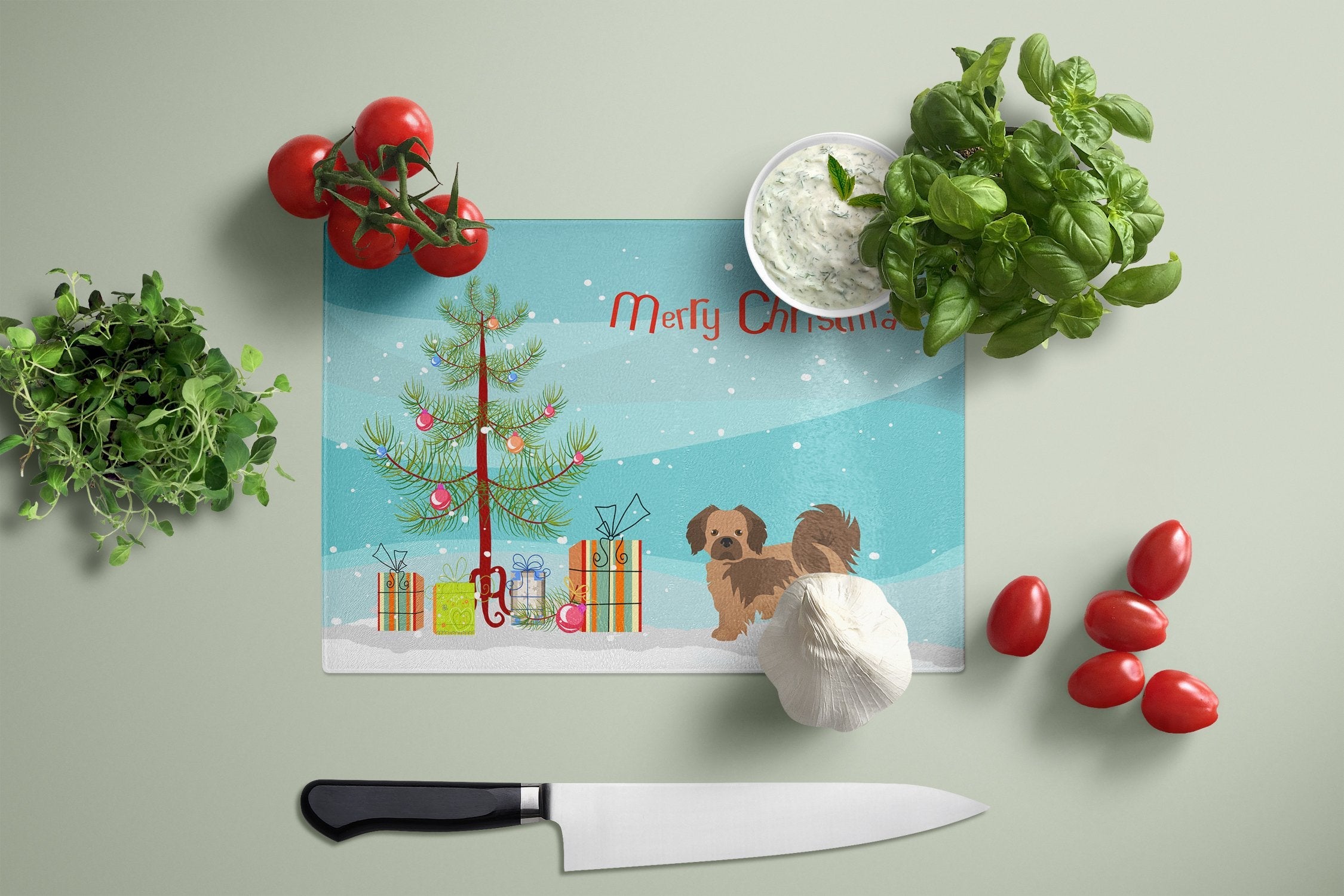 Tibetan Spaniel Christmas Tree Cutting Board Tempered Glass Kitchen Cutting Surface, Heat Resistant Chopping, Non-Slip Feet, Food Prep & Serving