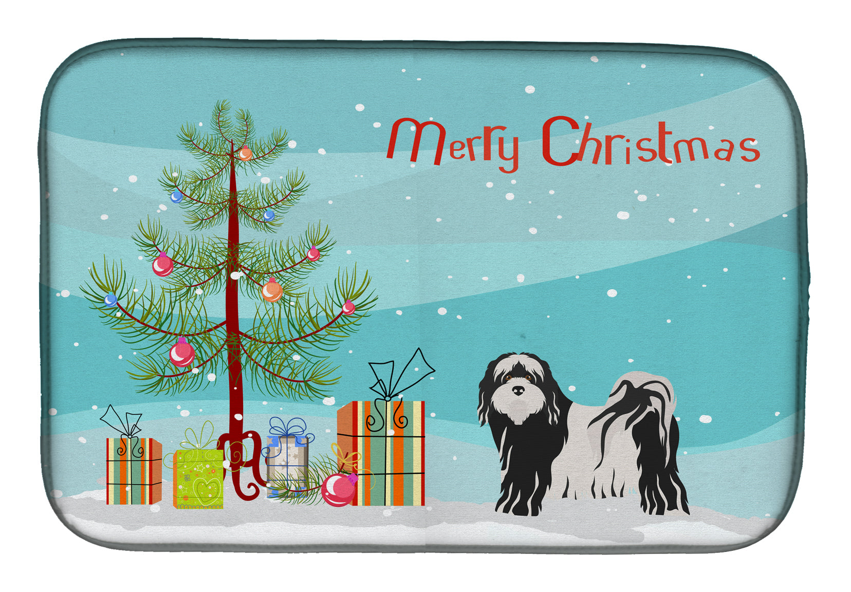 Tibetan Terrier Christmas Tree Dish Drying Mat Absorbent Dish Drying Mat Pad for Kitchen Counter Dish Drainer Mat for Countertop, 14 x 21", Multicolor