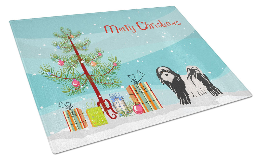 Tibetan Terrier Christmas Tree Cutting Board Tempered Glass Kitchen Cutting Surface, Heat Resistant Chopping, Non-Slip Feet, Food Prep & Serving