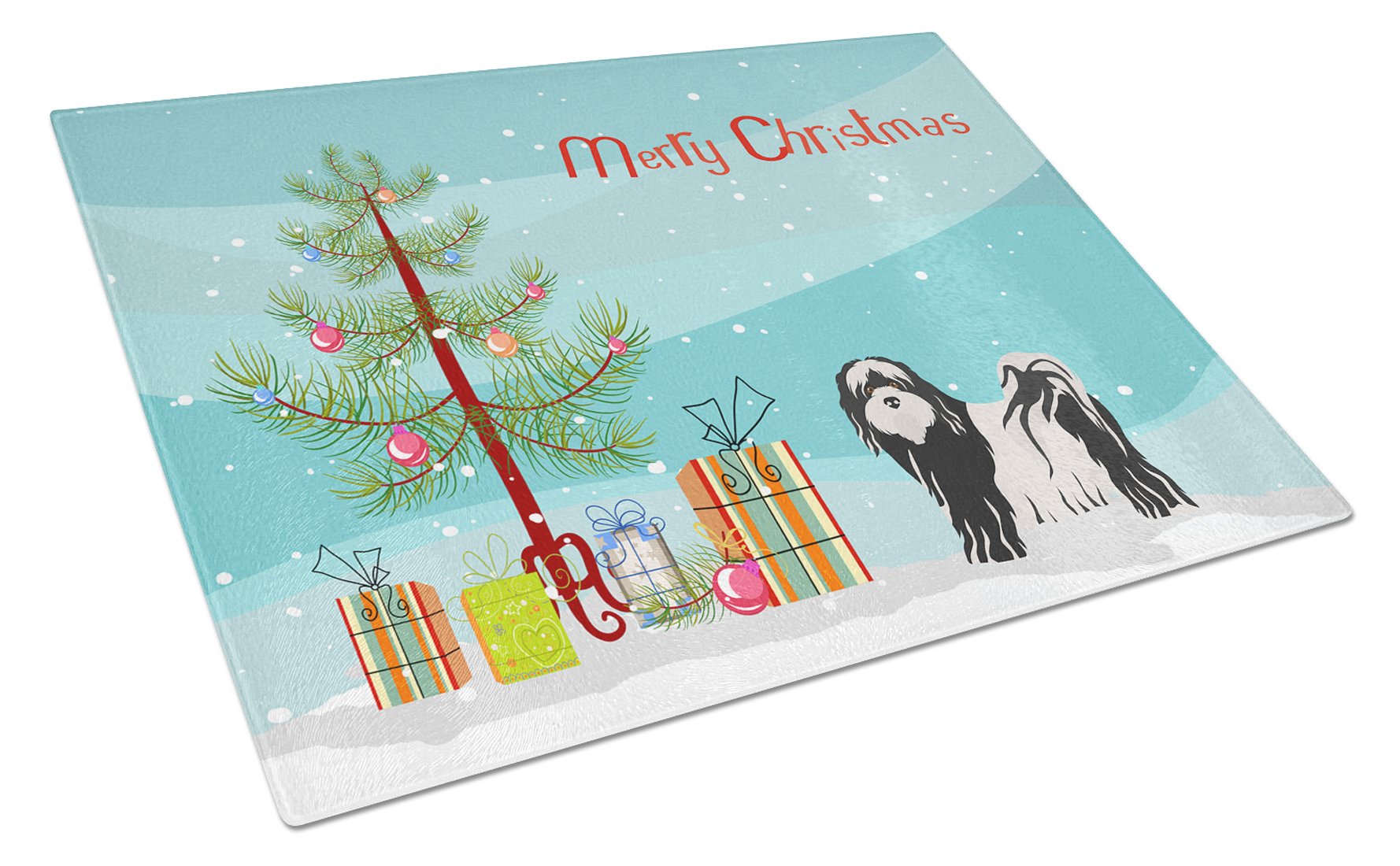Tibetan Terrier Christmas Tree Cutting Board Tempered Glass Kitchen Cutting Surface, Heat Resistant Chopping, Non-Slip Feet, Food Prep & Serving
