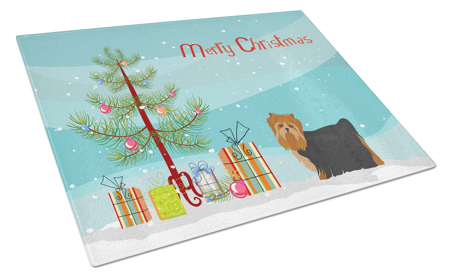 Yorkshire Terrier Christmas Tree Cutting Board Tempered Glass Kitchen Cutting Surface, Heat Resistant Chopping, Non-Slip Feet, Food Prep & Serving