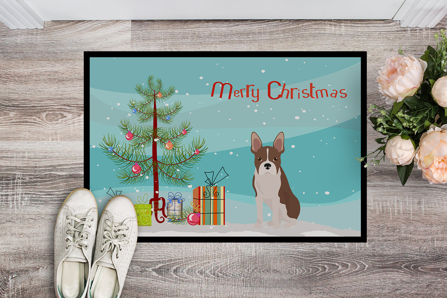 Boston Terrier Christmas Tree Doormat Indoor Outdoor 24H X 36W Front Door Mat Rugs for Entryway, Non Slip Washable Low Pile,