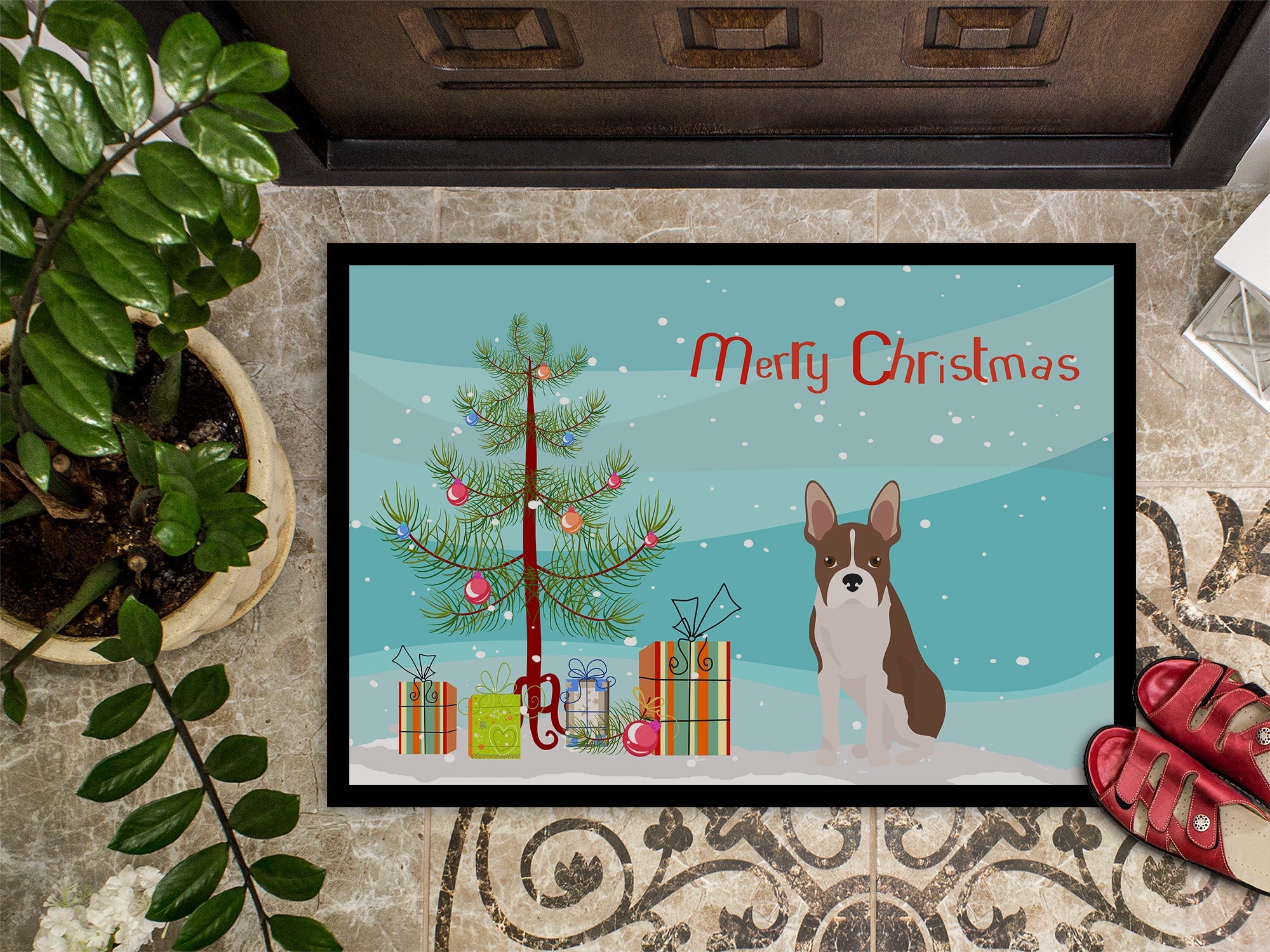 Boston Terrier Christmas Tree Doormat Indoor Outdoor 24H X 36W Front Door Mat Rugs for Entryway, Non Slip Washable Low Pile,