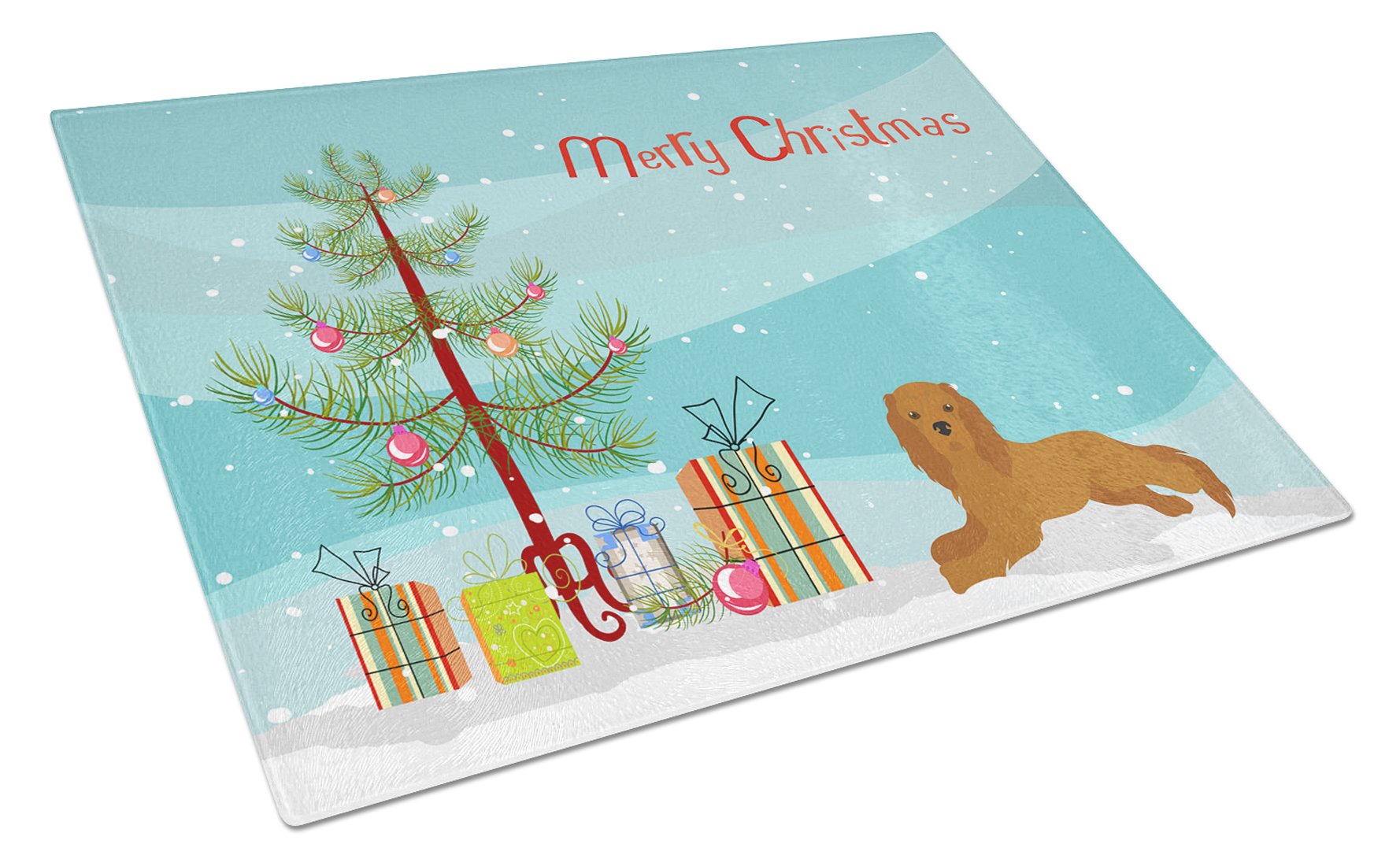 Ruby Cavalier King Charles Spaniel Christmas Tree Cutting Board Tempered Glass Kitchen Cutting Surface, Heat Resistant Chopping, Non-Slip Feet, Food Prep & Serving