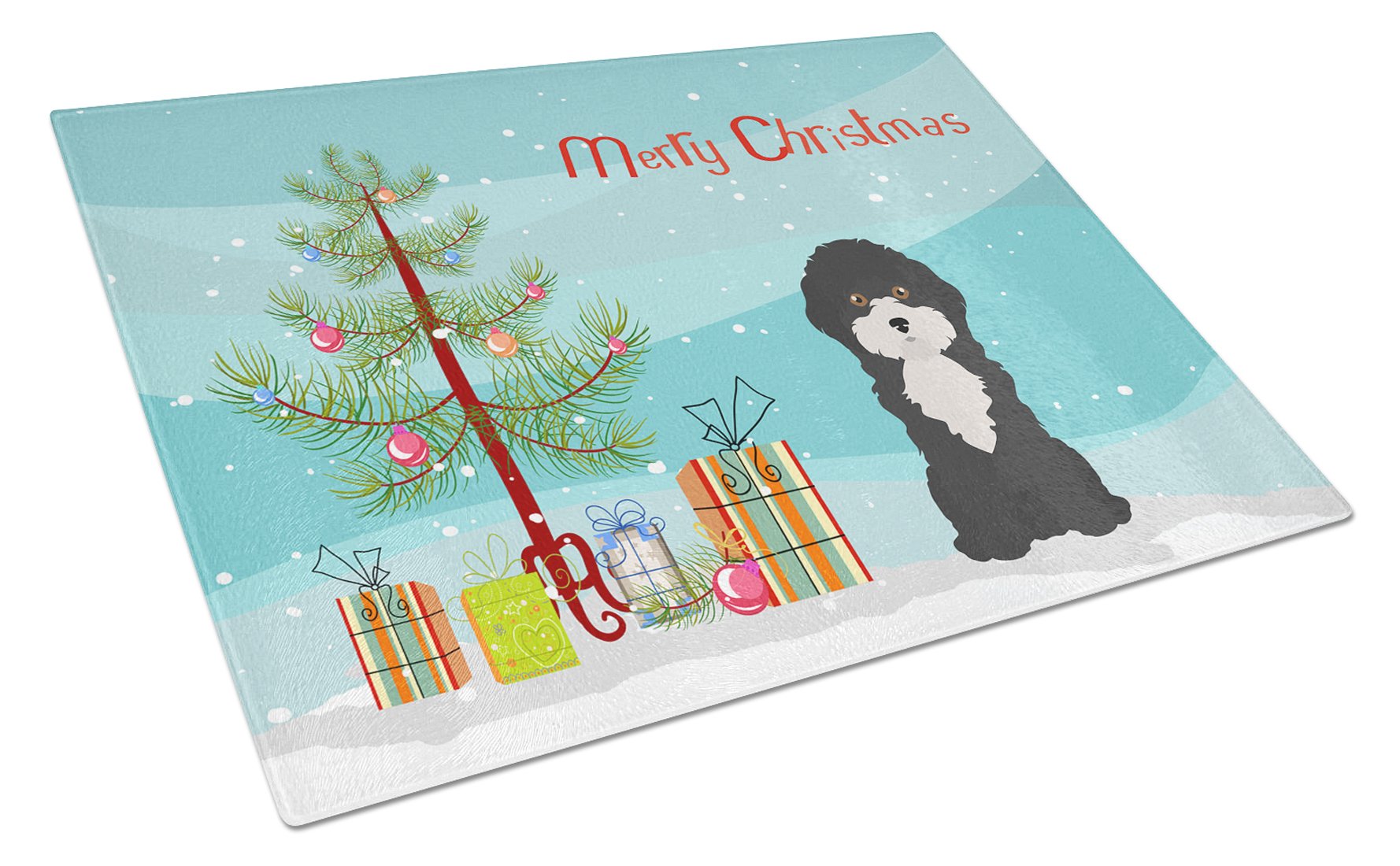 Black and White Cyprus Poodle Christmas Tree Cutting Board Tempered Glass Kitchen Cutting Surface, Heat Resistant Chopping, Non-Slip Feet, Food Prep & Serving