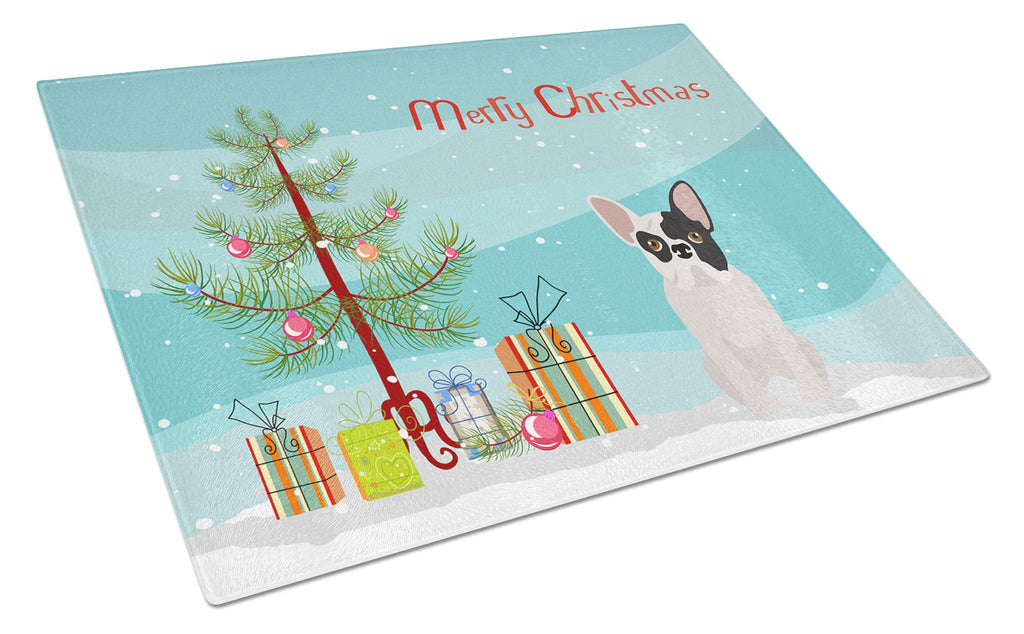 Black and White French Bulldog Christmas Tree Cutting Board Tempered Glass Kitchen Cutting Surface, Heat Resistant Chopping, Non-Slip Feet, Food Prep & Serving