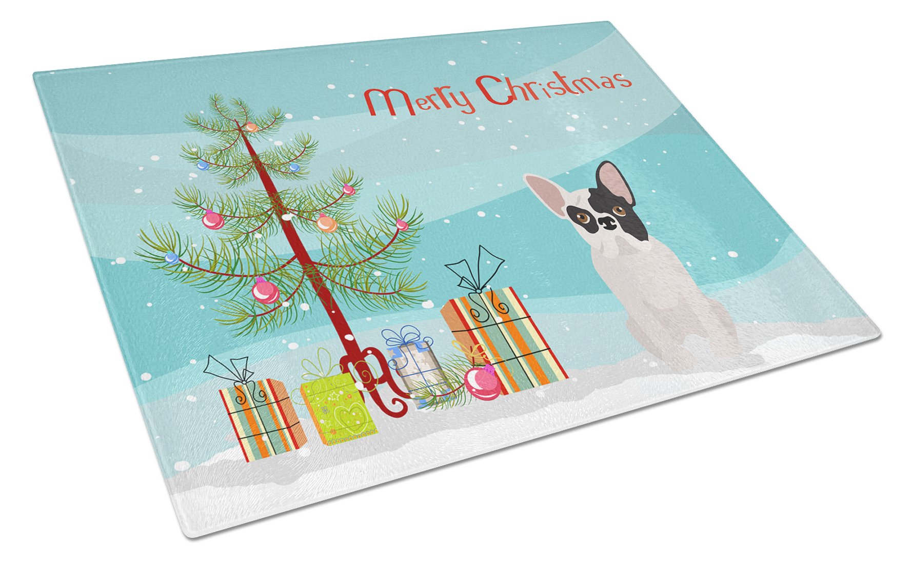 Black and White French Bulldog Christmas Tree Cutting Board Tempered Glass Kitchen Cutting Surface, Heat Resistant Chopping, Non-Slip Feet, Food Prep & Serving