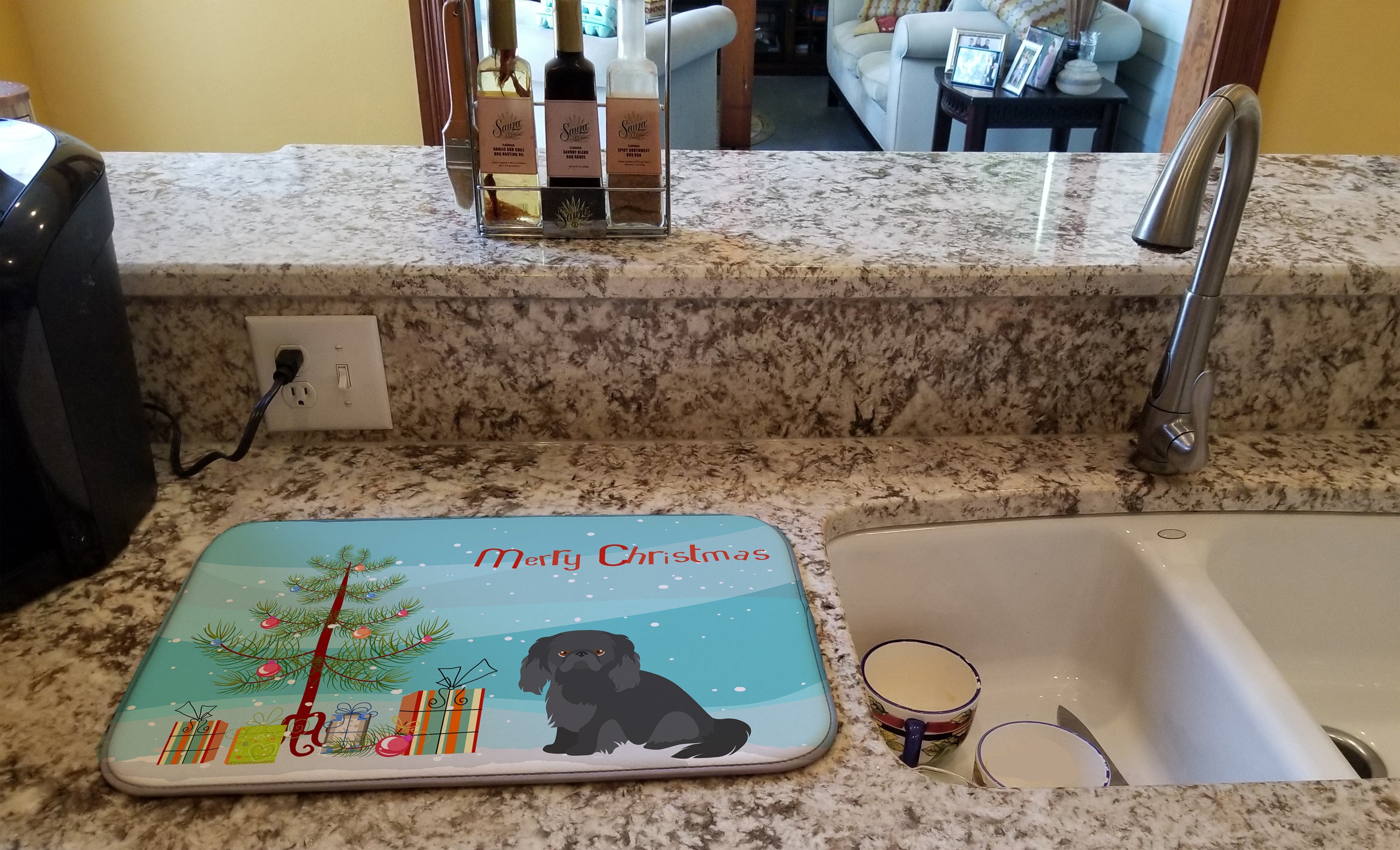 Pekingese Christmas Tree Dish Drying Mat Absorbent Dish Drying Mat Pad for Kitchen Counter Dish Drainer Mat for Countertop, 14 x 21", Multicolor
