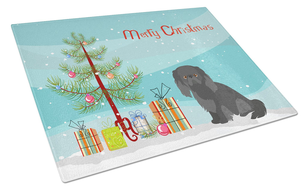 Pekingese Christmas Tree Cutting Board Tempered Glass Kitchen Cutting Surface, Heat Resistant Chopping, Non-Slip Feet, Food Prep & Serving