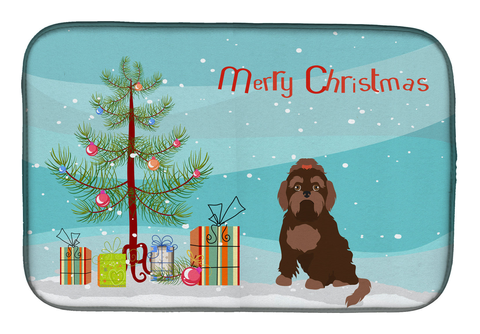 Brown Russian Tsvetnaya Bolonka Lap Dog Christmas Tree Dish Drying Mat Absorbent Dish Drying Mat Pad for Kitchen Counter Dish Drainer Mat for Countertop, 14 x 21", Multicolor