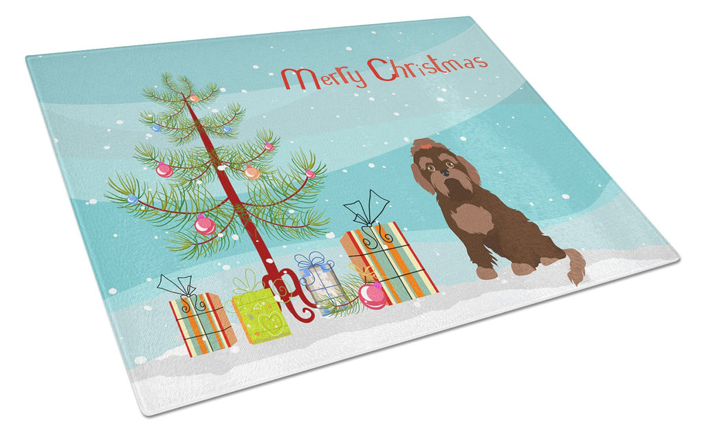 Brown Russian Tsvetnaya Bolonka Lap Dog Christmas Tree Cutting Board Tempered Glass Kitchen Cutting Surface, Heat Resistant Chopping, Non-Slip Feet, Food Prep & Serving