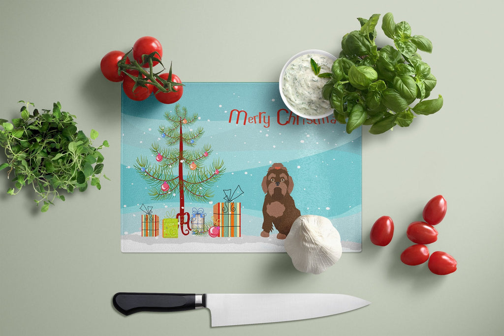 Brown Russian Tsvetnaya Bolonka Lap Dog Christmas Tree Cutting Board Tempered Glass Kitchen Cutting Surface, Heat Resistant Chopping, Non-Slip Feet, Food Prep & Serving