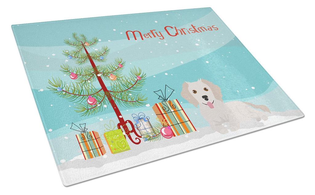 Small Greek Domestic Dog Kokoni #2 Christmas Tree Cutting Board Tempered Glass Kitchen Cutting Surface, Heat Resistant Chopping, Non-Slip Feet, Food Prep & Serving