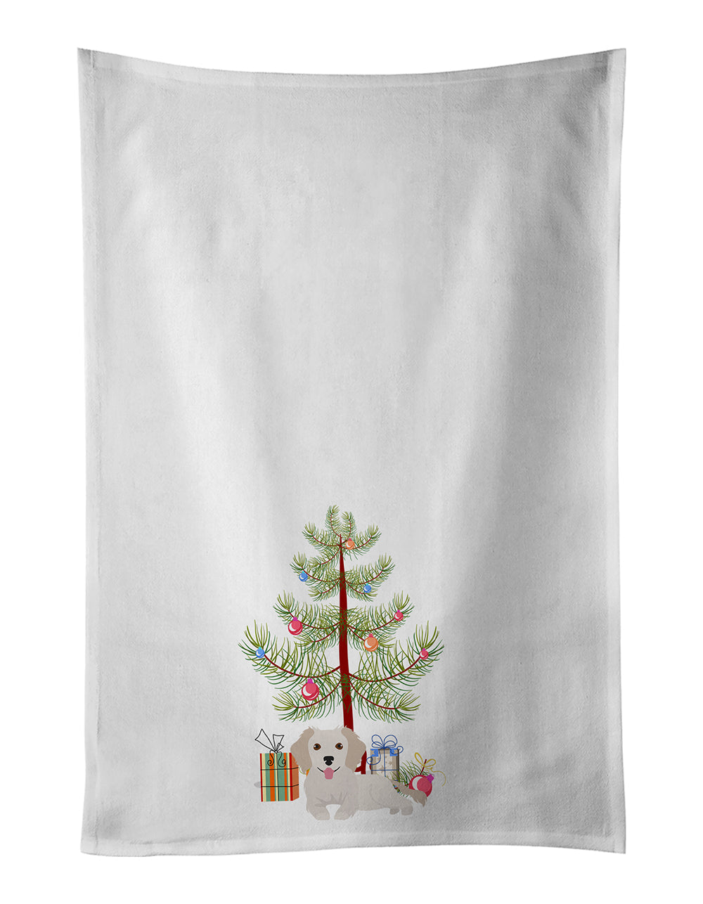 Small Greek Domestic Dog Kokoni #2 Christmas Tree Kitchen Towel Set of 2 White Dish Towels Decorative Bathroom Hand towel for Hand, Face, Hair, Yoga, Tea, Dishcloth, 19 X 28", White