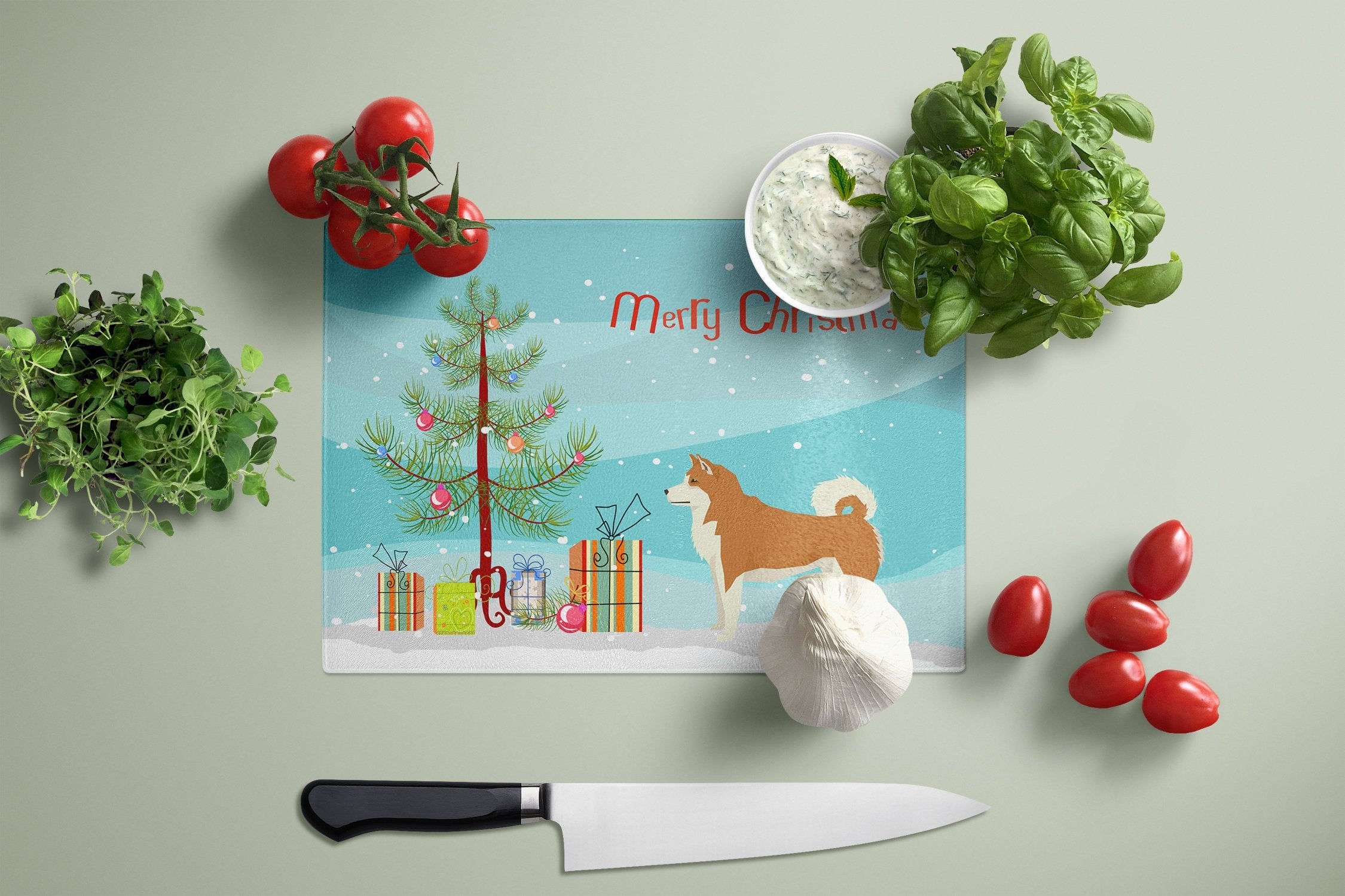 Akita Christmas Tree Cutting Board Tempered Glass Kitchen Cutting Surface, Heat Resistant Chopping, Non-Slip Feet, Food Prep & Serving