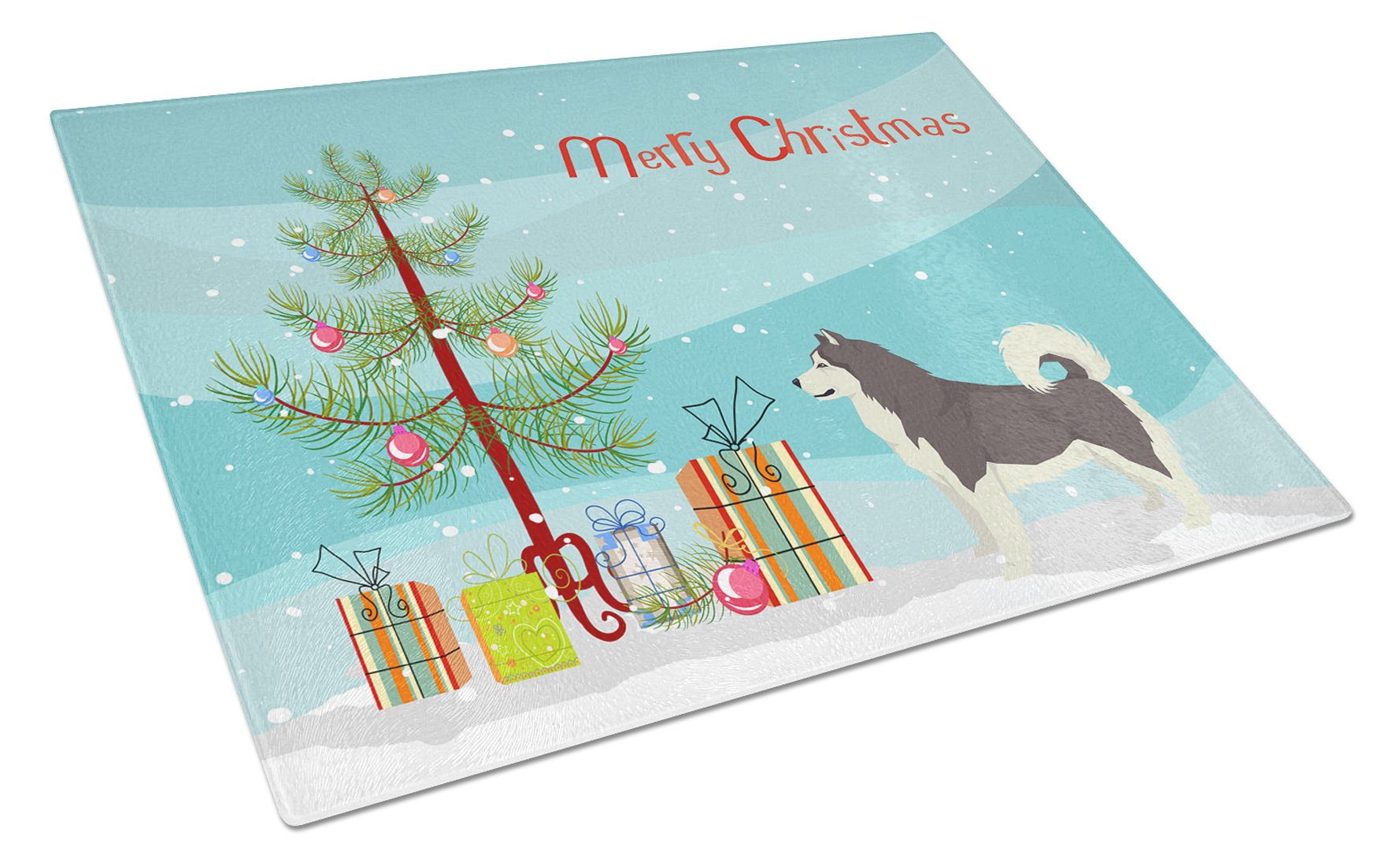 Alaskan Malamute Christmas Tree Cutting Board Tempered Glass Kitchen Cutting Surface, Heat Resistant Chopping, Non-Slip Feet, Food Prep & Serving