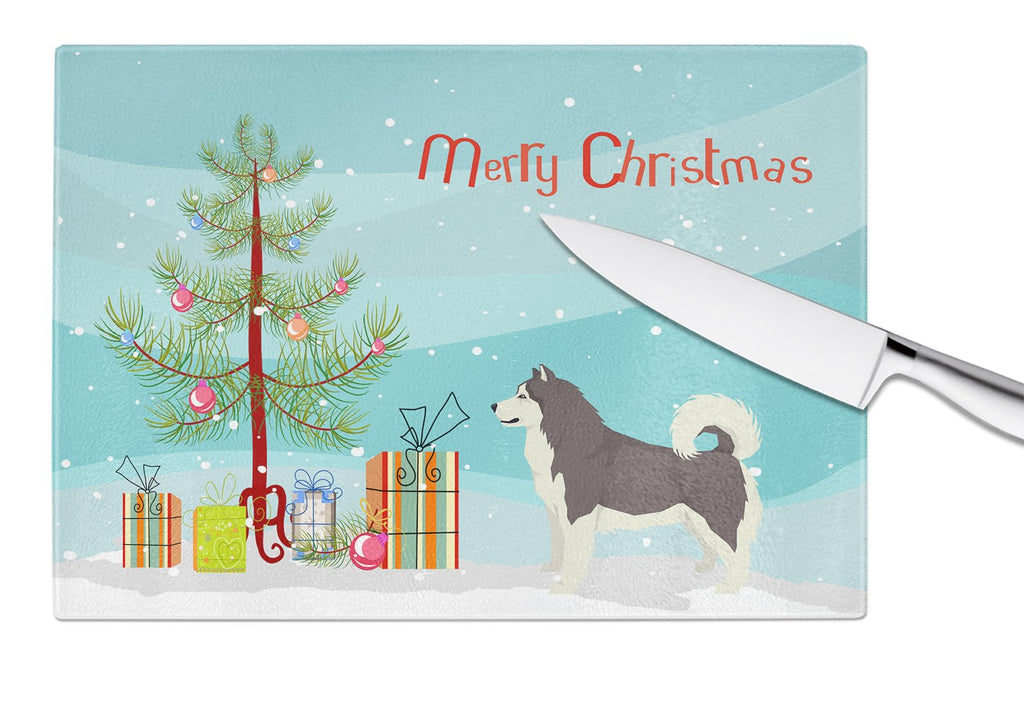 Alaskan Malamute Christmas Tree Cutting Board Tempered Glass Kitchen Cutting Surface, Heat Resistant Chopping, Non-Slip Feet, Food Prep & Serving
