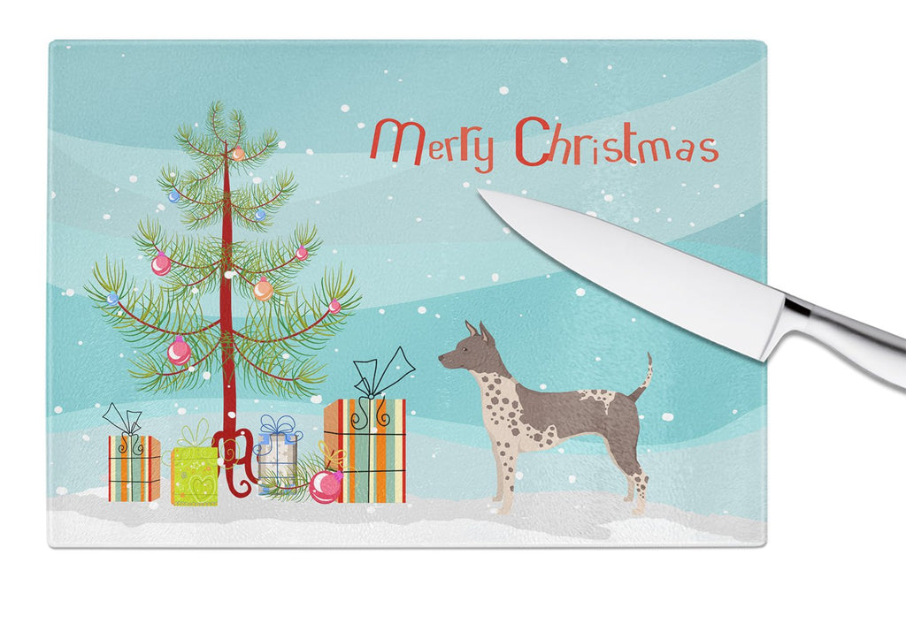 American Hairless Terrier Christmas Tree Cutting Board Tempered Glass Kitchen Cutting Surface, Heat Resistant Chopping, Non-Slip Feet, Food Prep & Serving