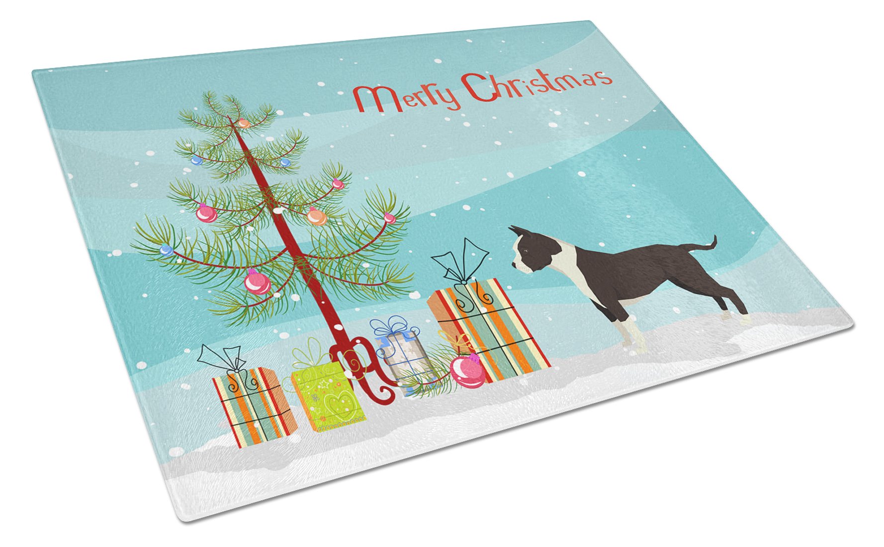 American Staffordshire Terrier Christmas Tree Cutting Board Tempered Glass Kitchen Cutting Surface, Heat Resistant Chopping, Non-Slip Feet, Food Prep & Serving