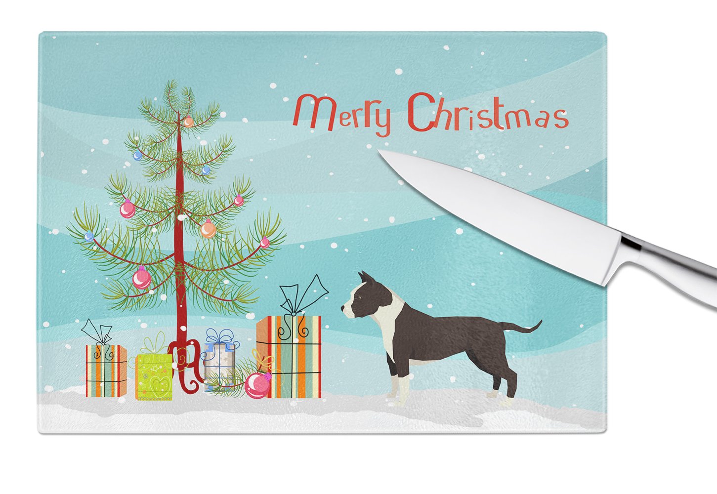 American Staffordshire Terrier Christmas Tree Cutting Board Tempered Glass Kitchen Cutting Surface, Heat Resistant Chopping, Non-Slip Feet, Food Prep & Serving