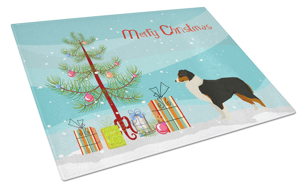 Australian Shepherd Christmas Tree Cutting Board Tempered Glass Kitchen Cutting Surface, Heat Resistant Chopping, Non-Slip Feet, Food Prep & Serving