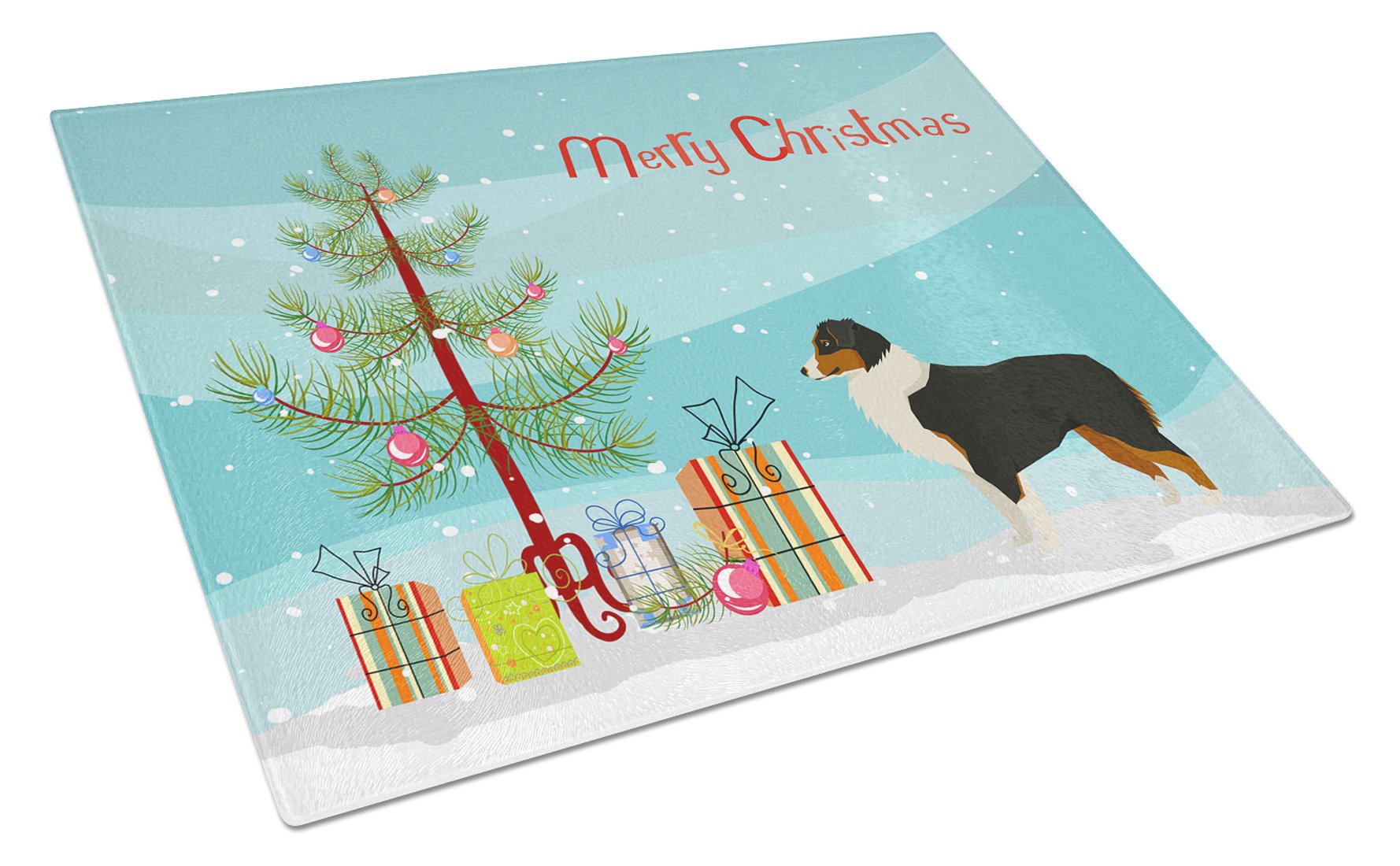 Australian Shepherd Christmas Tree Cutting Board Tempered Glass Kitchen Cutting Surface, Heat Resistant Chopping, Non-Slip Feet, Food Prep & Serving