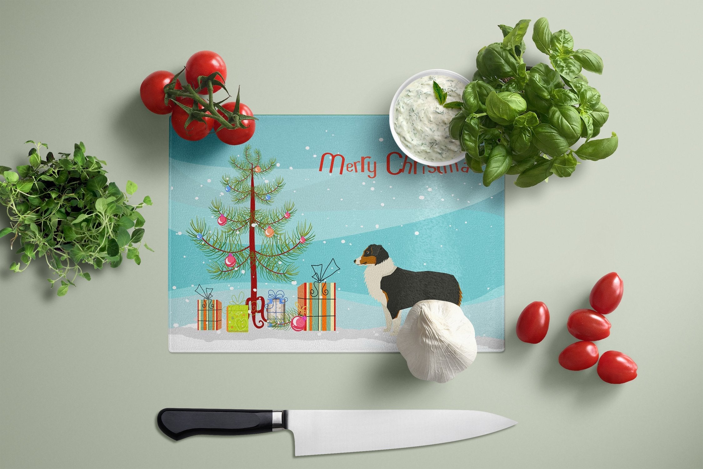 Australian Shepherd Christmas Tree Cutting Board Tempered Glass Kitchen Cutting Surface, Heat Resistant Chopping, Non-Slip Feet, Food Prep & Serving
