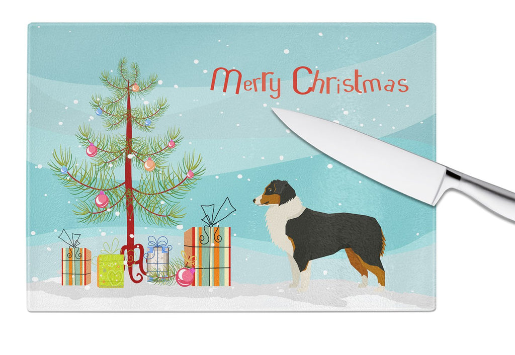 Australian Shepherd Christmas Tree Cutting Board Tempered Glass Kitchen Cutting Surface, Heat Resistant Chopping, Non-Slip Feet, Food Prep & Serving