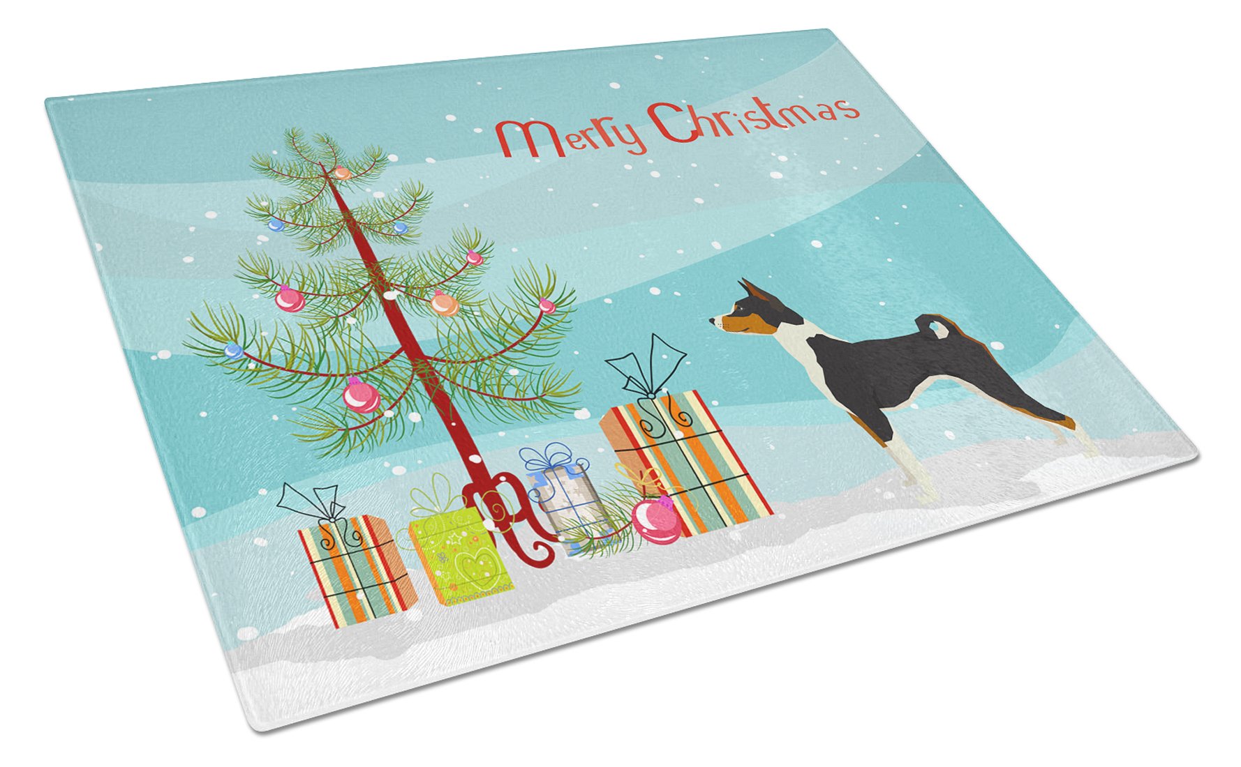 Basenji Christmas Tree Cutting Board Tempered Glass Kitchen Cutting Surface, Heat Resistant Chopping, Non-Slip Feet, Food Prep & Serving