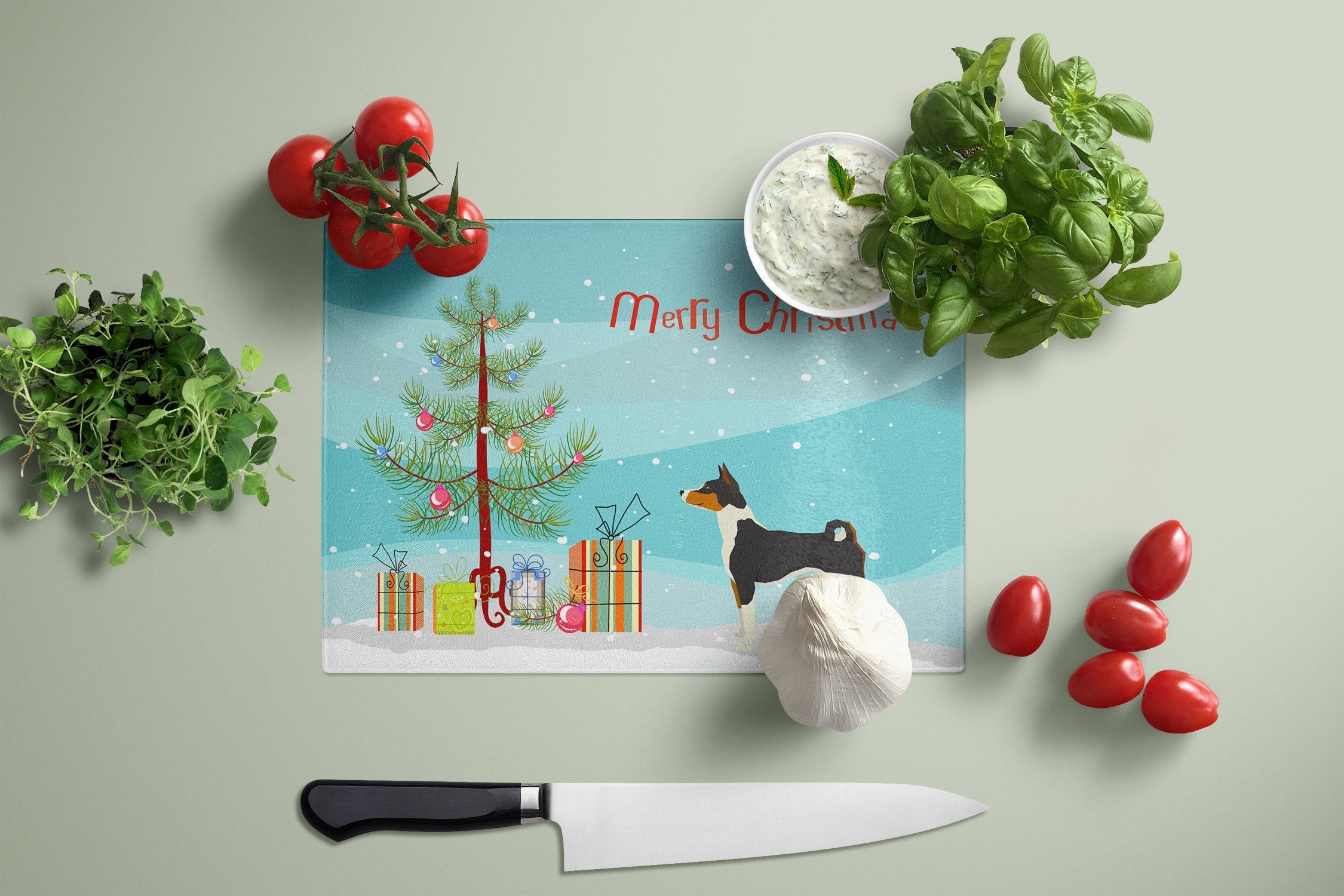 Basenji Christmas Tree Cutting Board Tempered Glass Kitchen Cutting Surface, Heat Resistant Chopping, Non-Slip Feet, Food Prep & Serving