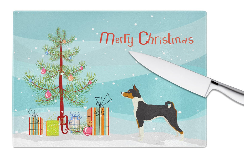 Basenji Christmas Tree Cutting Board Tempered Glass Kitchen Cutting Surface, Heat Resistant Chopping, Non-Slip Feet, Food Prep & Serving