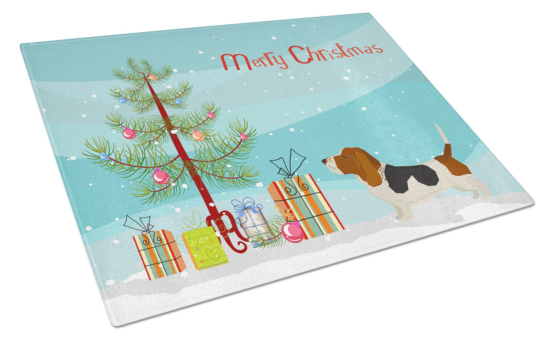 Basset Hound Christmas Tree Cutting Board Tempered Glass Kitchen Cutting Surface, Heat Resistant Chopping, Non-Slip Feet, Food Prep & Serving