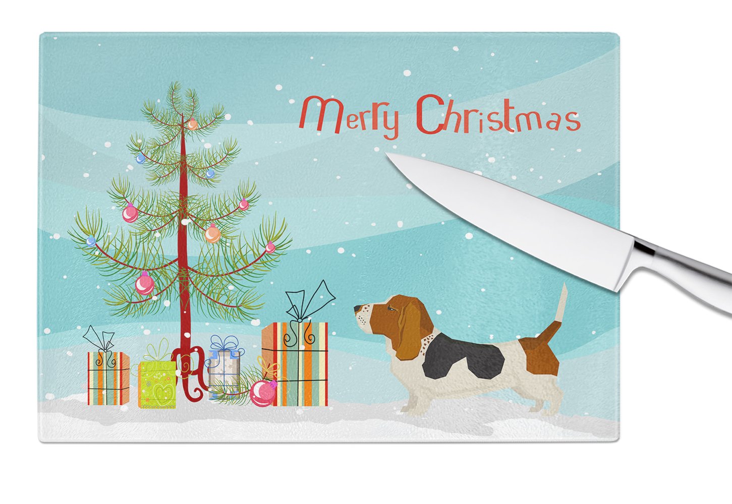 Basset Hound Christmas Tree Cutting Board Tempered Glass Kitchen Cutting Surface, Heat Resistant Chopping, Non-Slip Feet, Food Prep & Serving