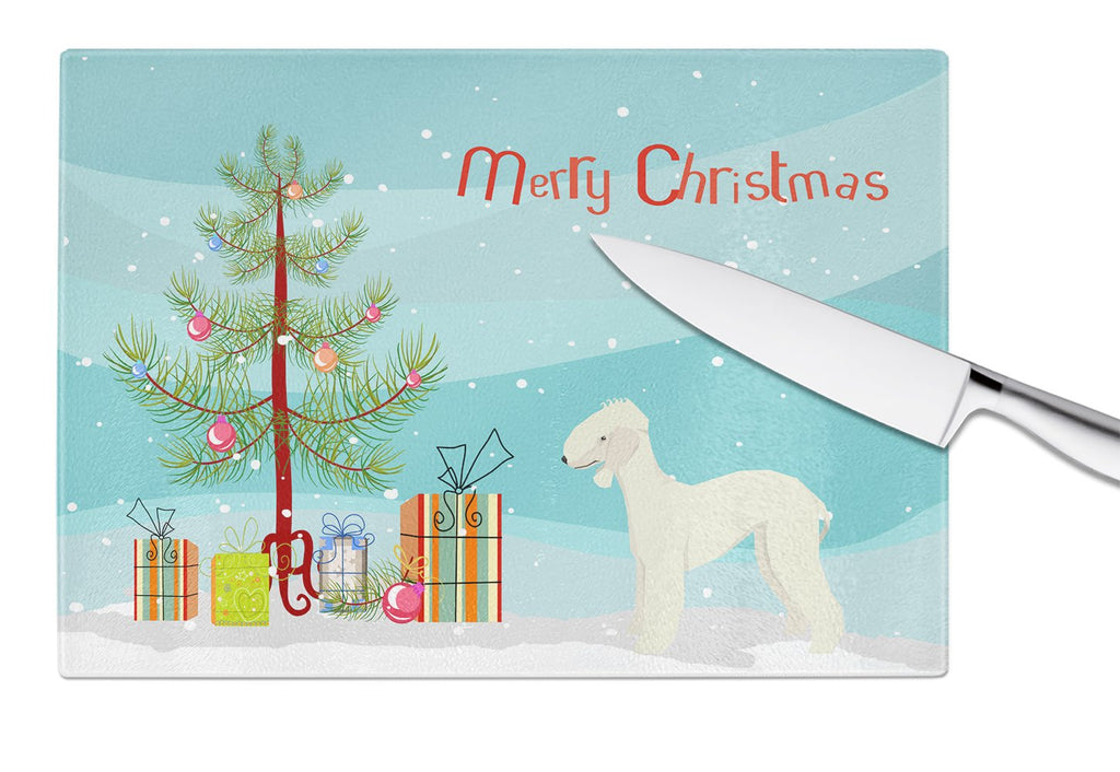 Bedlington Terrier Christmas Tree Cutting Board Tempered Glass Kitchen Cutting Surface, Heat Resistant Chopping, Non-Slip Feet, Food Prep & Serving