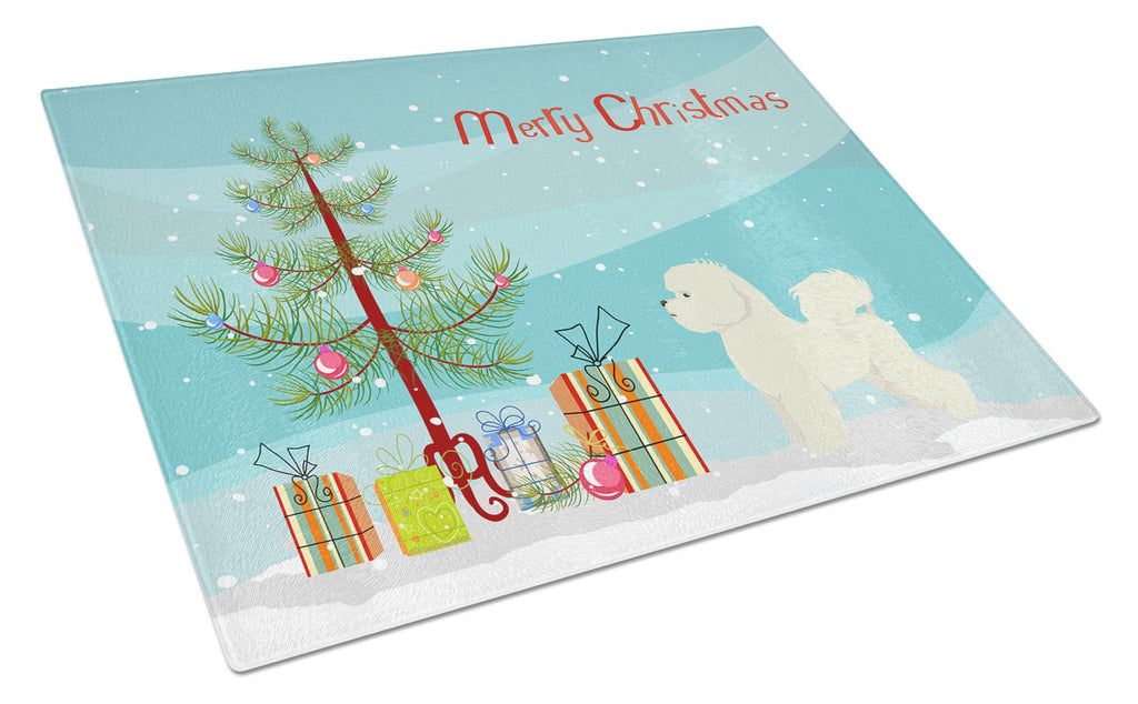 Bichon Frise Christmas Tree Cutting Board Tempered Glass Kitchen Cutting Surface, Heat Resistant Chopping, Non-Slip Feet, Food Prep & Serving