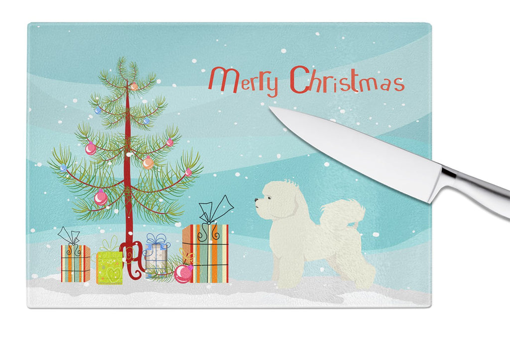 Bichon Frise Christmas Tree Cutting Board Tempered Glass Kitchen Cutting Surface, Heat Resistant Chopping, Non-Slip Feet, Food Prep & Serving