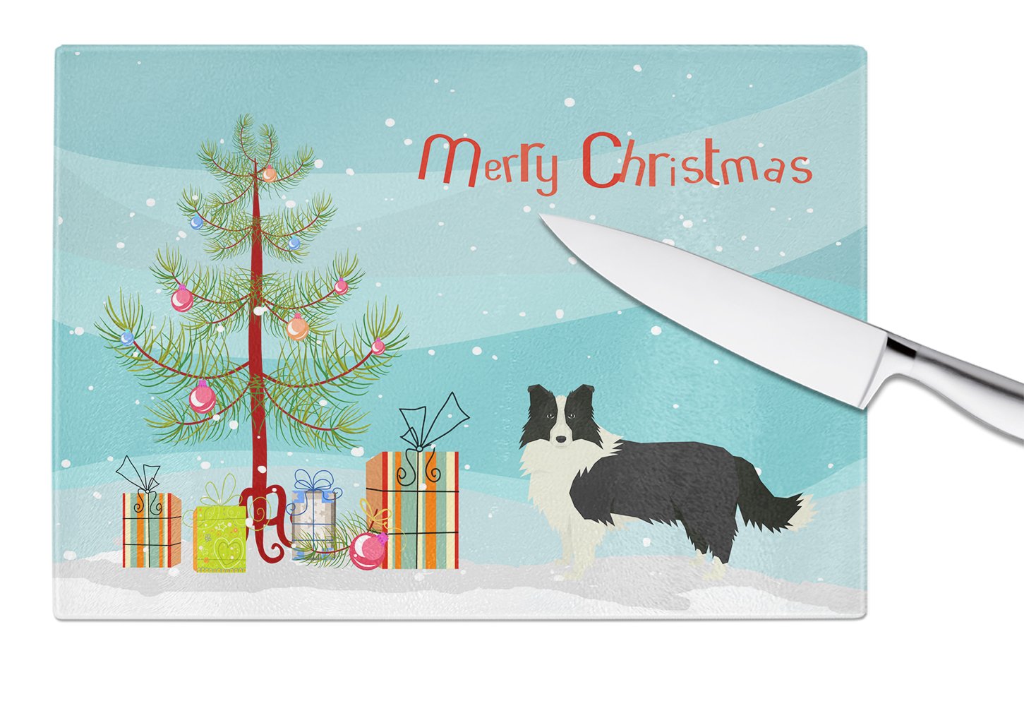 Border Collie Christmas Tree Cutting Board Tempered Glass Kitchen Cutting Surface, Heat Resistant Chopping, Non-Slip Feet, Food Prep & Serving