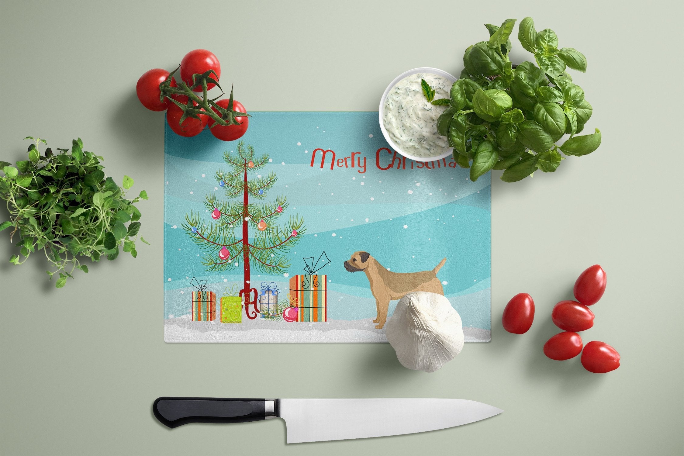 Border Terrier Christmas Tree Cutting Board Tempered Glass Kitchen Cutting Surface, Heat Resistant Chopping, Non-Slip Feet, Food Prep & Serving